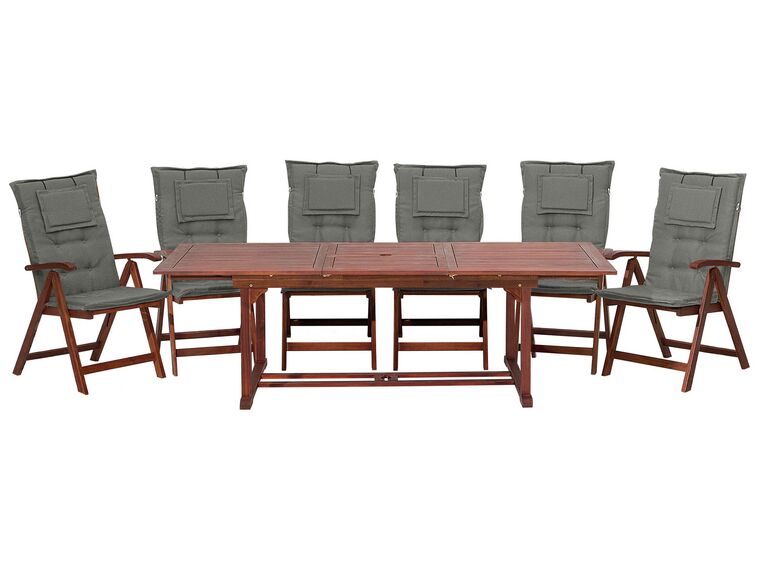 Zahradní souprava, dřevěný stůl a 6 židlí se šedými polštáři TOSCANA_785437