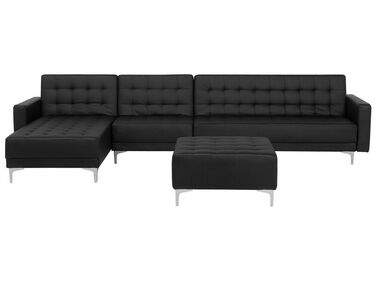 Right Hand Modular Faux Leather Sofa with Ottoman Black ABERDEEN