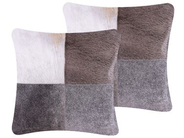 Set of 2 Leather Cushions Patchwork Pattern 45 x 45 cm Grey NELLAD