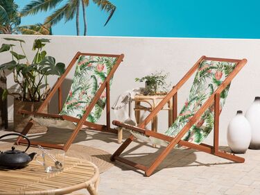 Set of 2 Acacia Folding Deck Chairs and 2 Replacement Fabrics Dark Wood with Off-White / Flamingo Pattern ANZIO