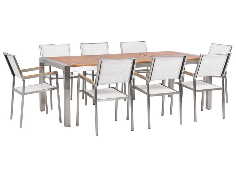 Table de jardin plateau bois eucalyptus 220 cm et 8 chaises blanches GROSSETO_768548