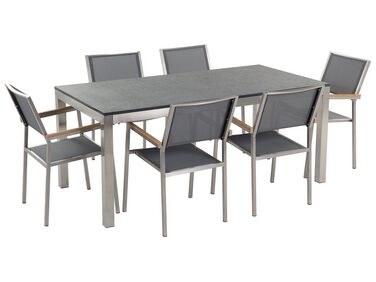 Set di tavolo e 6 sedie da giardino in acciaio basalto e fibra tessile grigia piano singolo nero fiammato 180 cm GROSSETO