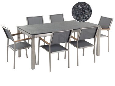Conjunto de jardín mesa con tablero de piedra natural pulida negra 180 cm, 6 sillas de tela gris GROSSETO