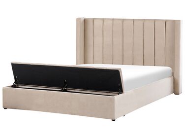 Velvet EU Super King Size Bed with Storage Bench Beige NOYERS