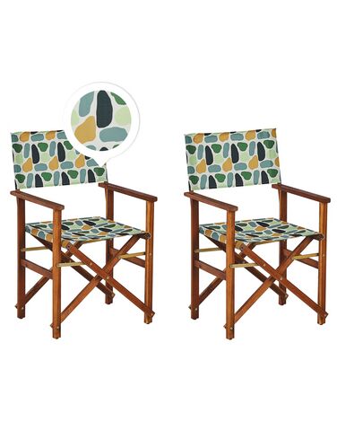 Conjunto 2 cadeiras de jardim madeira escura e 2 lonas creme e padrão geométrico CINE