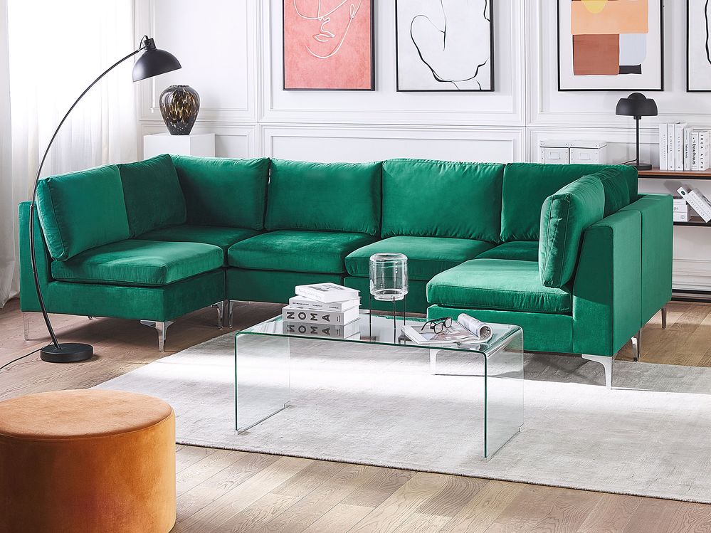 6 Seater UShaped Modular Velvet Sofa Green EVJA Beliani.co.uk