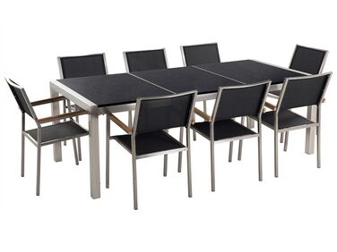 Table de jardin plateau granit noir poli 220 cm 8 chaises noires GROSSETO