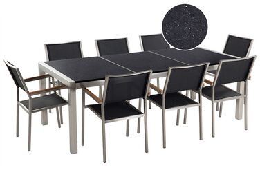 Conjunto de mesa com tampo triplo granito polido preto 220 x 100 cm e 8 cadeiras pretas GROSSETO