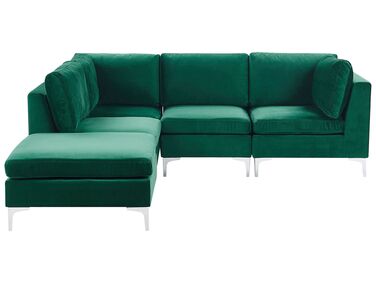 Canapé angle modulable côté droit en velours vert 4 places avec pouf EVJA