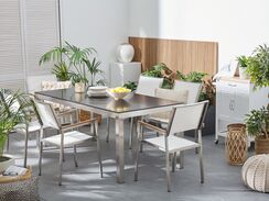 6-istuttava ulkoruokailuryhmä lasitaso tekstiilituolit musta/valkoinen GROSSETO