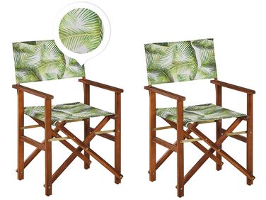 Set of 2 Acacia Folding Chairs and 2 Replacement Fabrics Dark Wood with Off-White / Tropical Leaves Pattern CINE