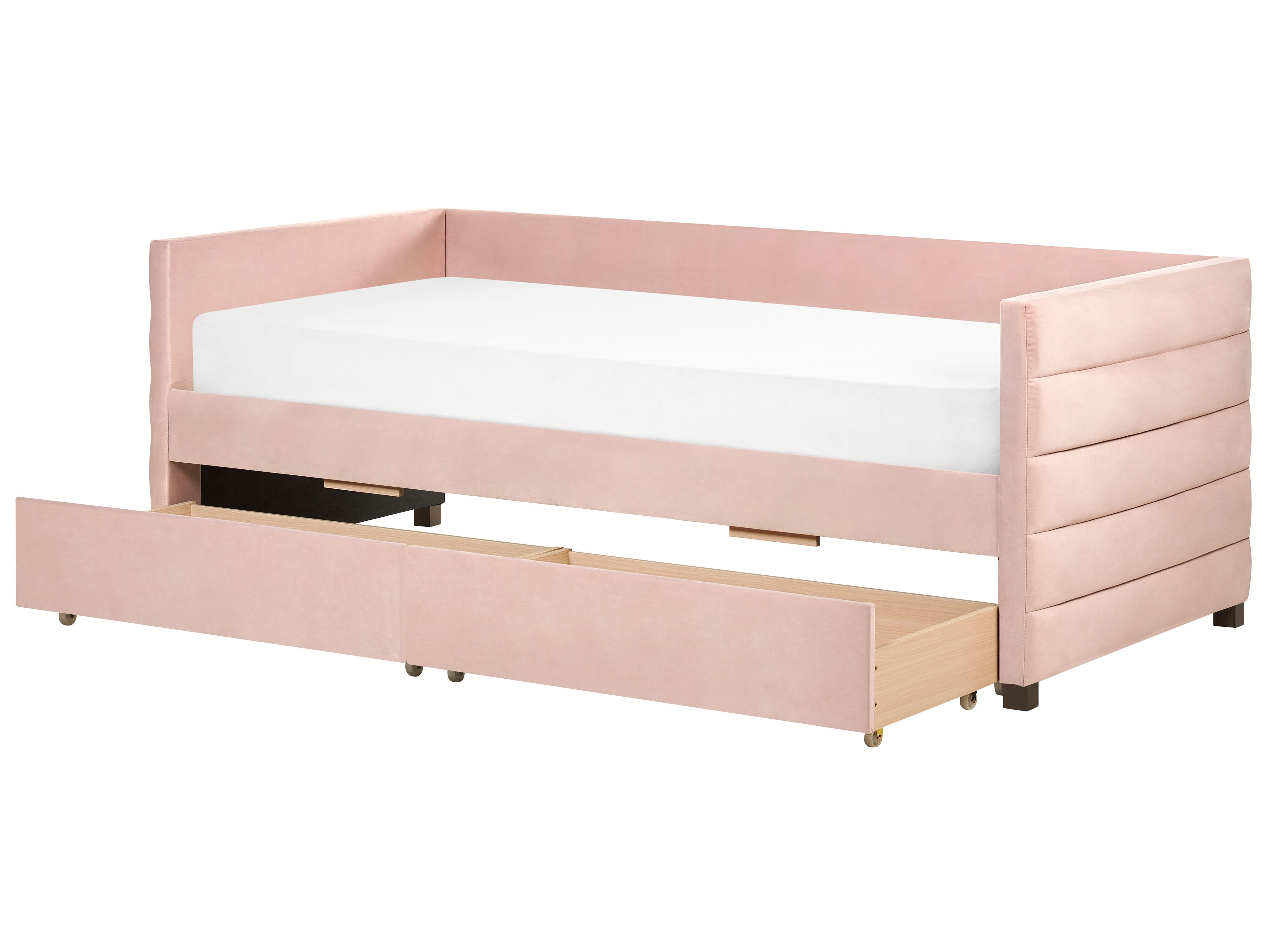 Cama 90 x 190 cm - Terciopelo - Rosa + colchón - MOANA - Vente-unique