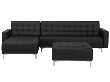 Right Hand Faux Leather Corner Sofa with Ottoman Black ABERDEEN