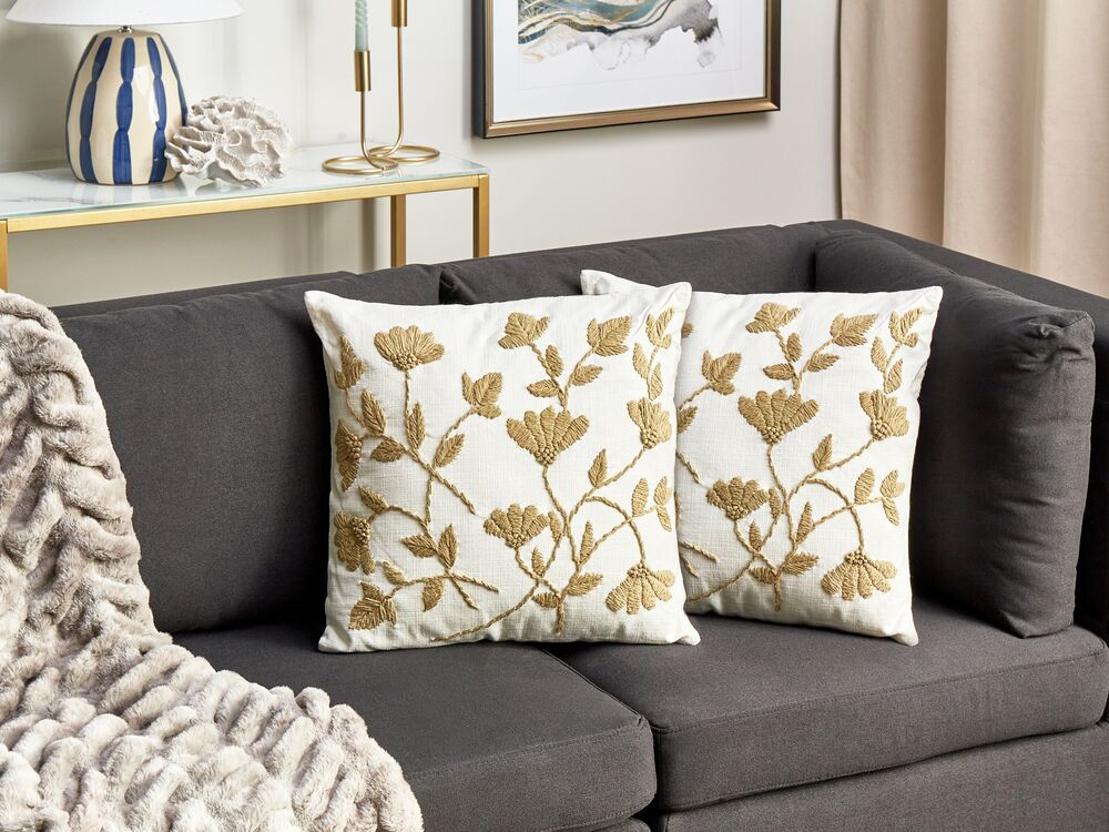 Conjunto de 2 cojines decorativos de algodón con patrón floral blanco y  beige 45 x 45 cm LUDISIA 