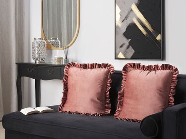 Set of 2 Velvet Cushions with Ruffles 42 x 42 cm Pink KALANCHOE