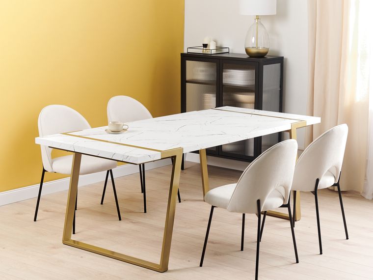 Table à manger rectangulaire en verre trempé - Effet marbre blanc et métal doré - 8 personnes Table à manger rectangulaire en verre trempé - Effet marbre blanc et métal doré - 8 personnes