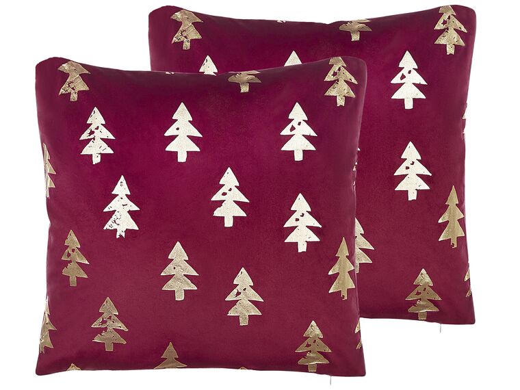 Set of 2 Velvet Cushions Christmas Tree Pattern 45 x 45 cm Red CUPID_814117