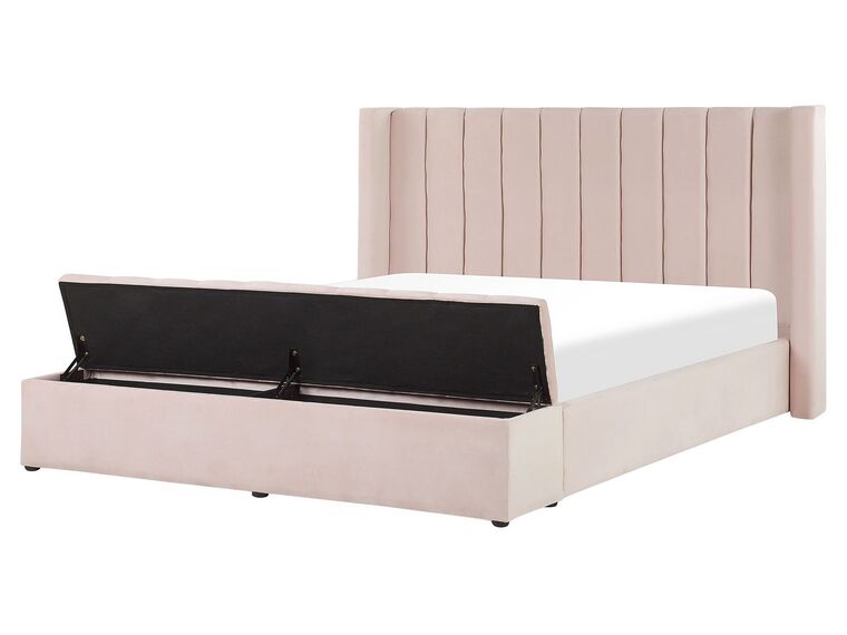 Růžová čalouněná sametová postel s malým úložným prostorem 160 x 200 cm NOYERS_796495