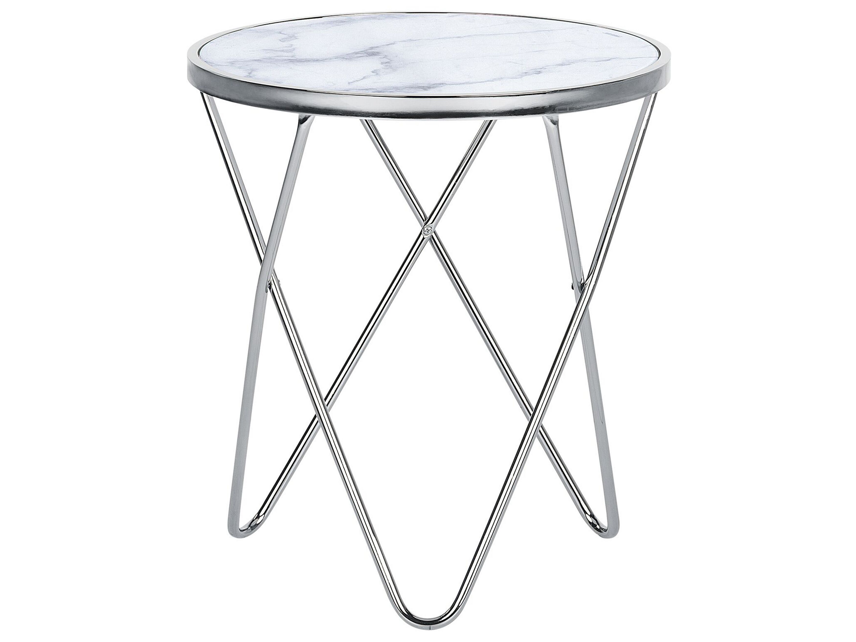 Marble Effect Side Table White with Silver MERIDIAN II Beliani.co.uk