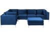 Right Hand 6 Seater Modular Velvet Corner Sofa with Ottoman Blue EVJA_859821