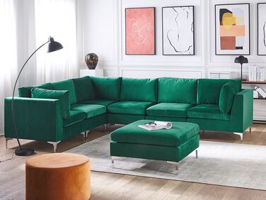 Right Hand 6 Seater Modular Velvet Corner Sofa with Ottoman Green EVJA