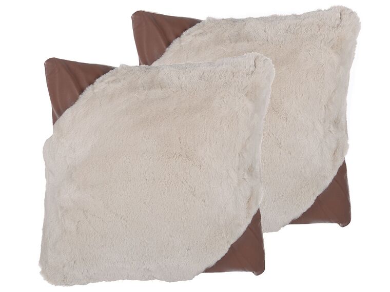 Set of 2 Faux Fur Cushions 42 x 42 cm Beige EHNAR_801480