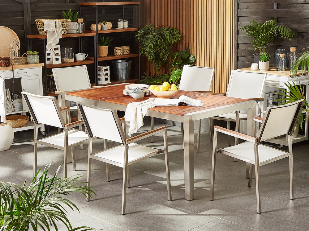Set di tavolo e sedie da giardino in acciaio eucalipto e fibra