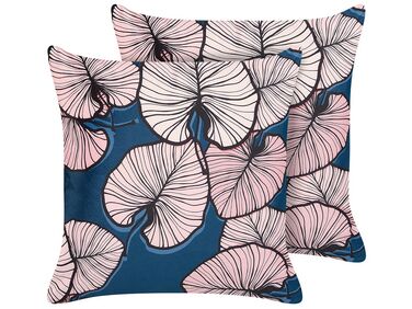 2 welurowe poduszki dekoracyjne w liście 45 x 45 cm niebiesko-różowe CHRYSANTHEMUM