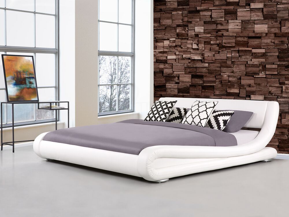Lit Design En Cuir Blanc Lit Double King Size 180x200 Cm Sommier Inclus Bonheur