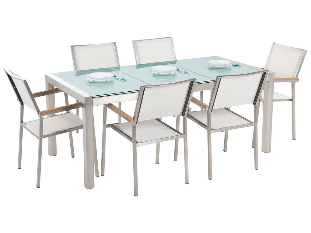 6 Seater Garden Dining Set Triple Plate Ed Ice Glass Top With White Chairs Grosseto Furniture Lamps Accessories Up To 70 Off Avandeo 6 Seater Garden Dining Set Triple Plate, Glass Top Garden Table And 6 Chairs