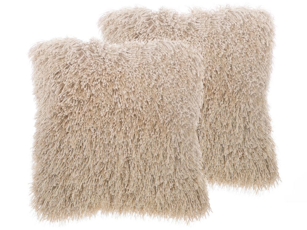 Set of 2 Shaggy Cushions 45 x 45 cm Beige CIDE Beliani