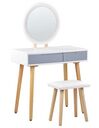 Coiffeuse blanc et gris avec 2 tiroirs un miroir à LED et un tabouret JOSSELIN_850138