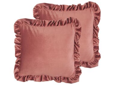 Set of 2 Velvet Cushions with Ruffles 42 x 42 cm Pink KALANCHOE