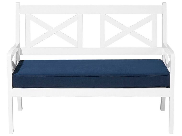 Banco de jardim de madeira branca com almofada azul 120 cm BALTIC_720474