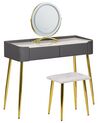 Konsolbord med 2 skuffer, LED spejl og skammel grå og guld SURIN_845528