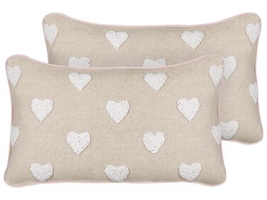 Set of 2 Cotton Cushions Embroidered Hearts 30 x 50 cm Beige GAZANIA