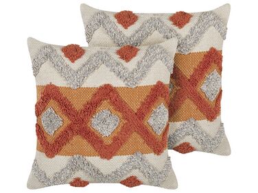 Set of 2 Tufted Cotton Cushions Geometric Pattern 45 x 45 cm Orange and Beige BREVIFOLIA