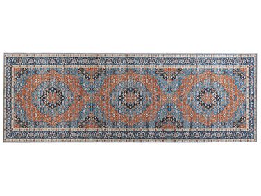 Teppich blau / orange 70 x 200 cm orientalisches Muster Kurzflor MIDALAM