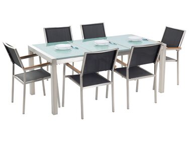 Conjunto de mesa com tampo triplo vidro temperado 180 x 90 cm e 6 cadeiras pretas GROSSETO