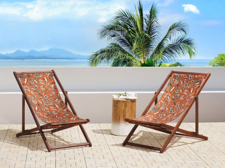 Set of 2 Acacia Folding Deck Chairs and 2 Replacement Fabrics Dark Wood with Off-White / Red Floral Pattern ANZIO_820033