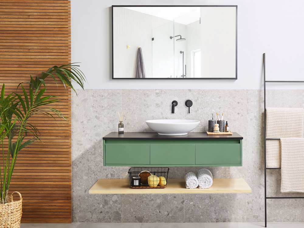 Móvel de casa de banho com espelho verde castanho claro e preto ZARAGOZA 