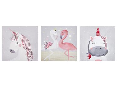 Canvasprint set van 3 dierenmotief grijs en roze TIMIA