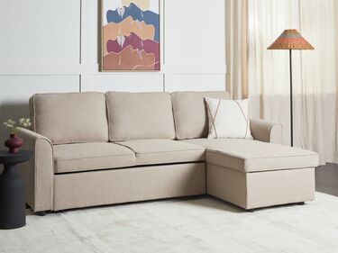 Left Hand Fabric Corner Sofa Bed with Storage Beige NESNA