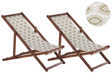 Set of 2 Acacia Folding Deck Chairs and 2 Replacement Fabrics Dark Wood with Off-White / Beige Pattern ANZIO