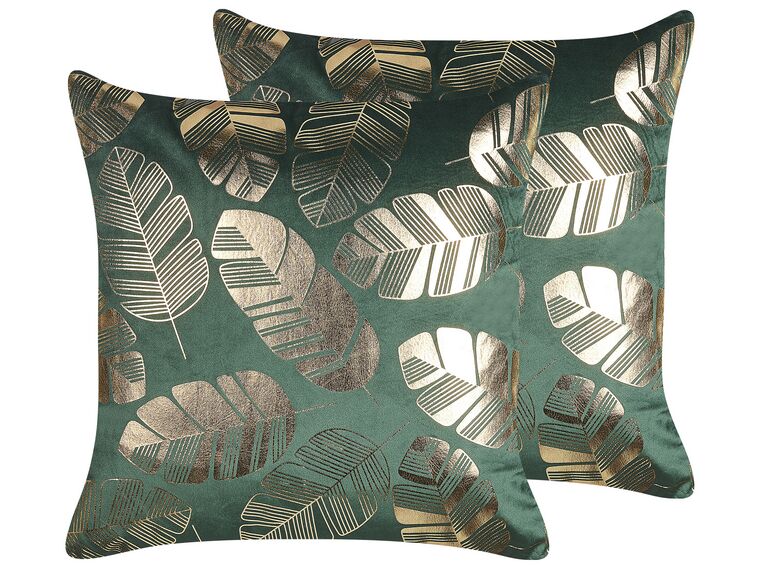 Set of 2 Velvet Cushions Leaf Print 45 x 45 cm Green SUNFLOWER_830005