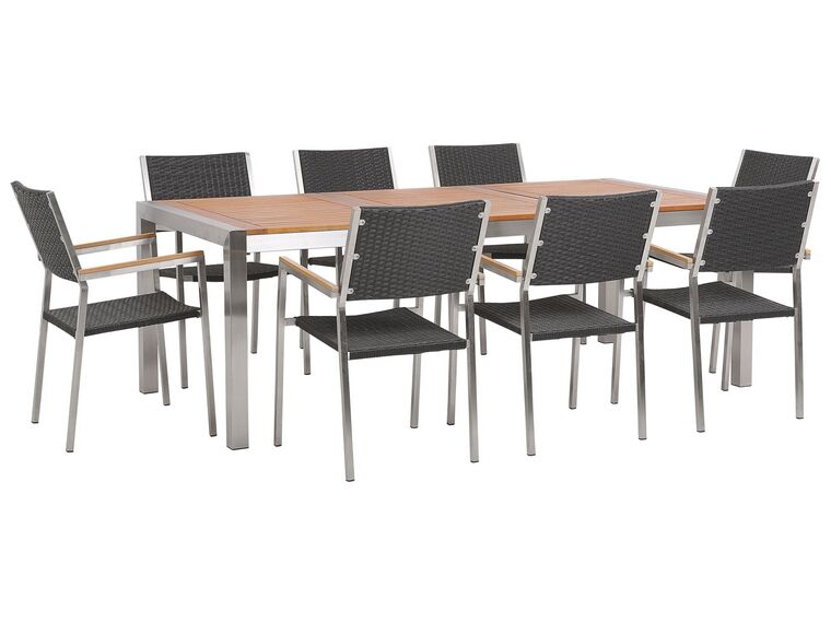Nyolcszemélyes étkezőasztal eukaliptusz asztallappal és fekete rattanszékekkel GROSSETO_768559