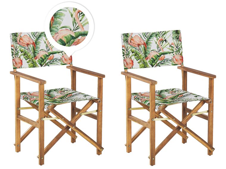 Conjunto 2 cadeiras de jardim madeira clara e 2 lonas cinzentas e padrão flamingo CINE_819414