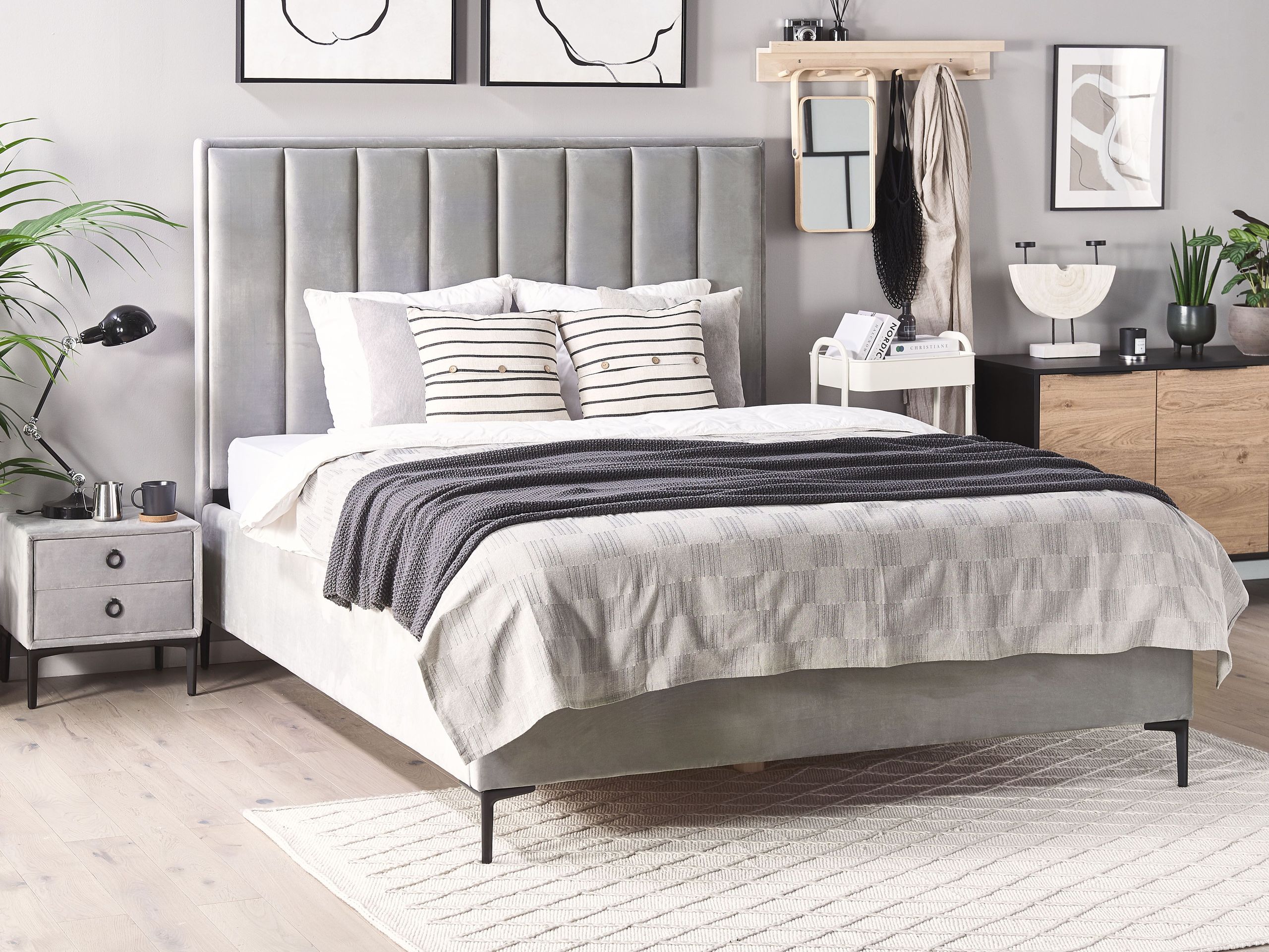 Conjunto de quarto em veludo cinzento 160 x 200 cm SEZANNE