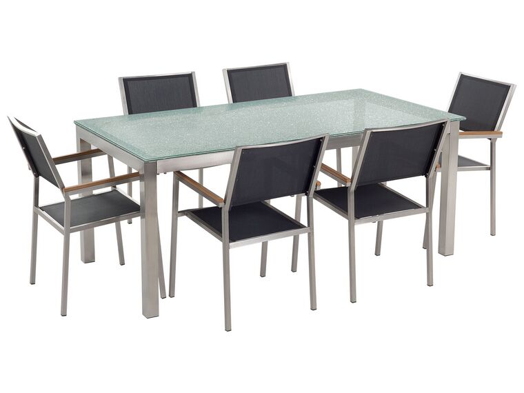 Hagesett med bord i glass 180 cm og 6 stoler Svart GROSSETO_725282