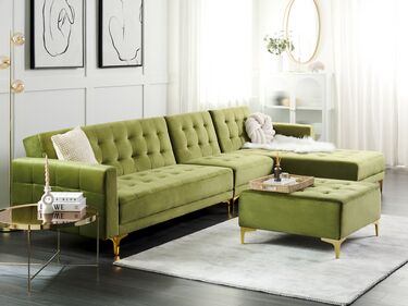 Left Hand Modular Velvet Sofa with Ottoman Green ABERDEEN